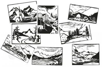 Postkarten: Holzschnitte «Rheinwald» - Ganzes Set aus der Reihe «Berg+Tal»