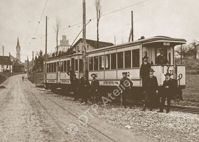 Postkarte - Uster-Oetwil-Bahn, um 1910 Im Hintergrund die Reformierte Kirche und die Burg Uster
